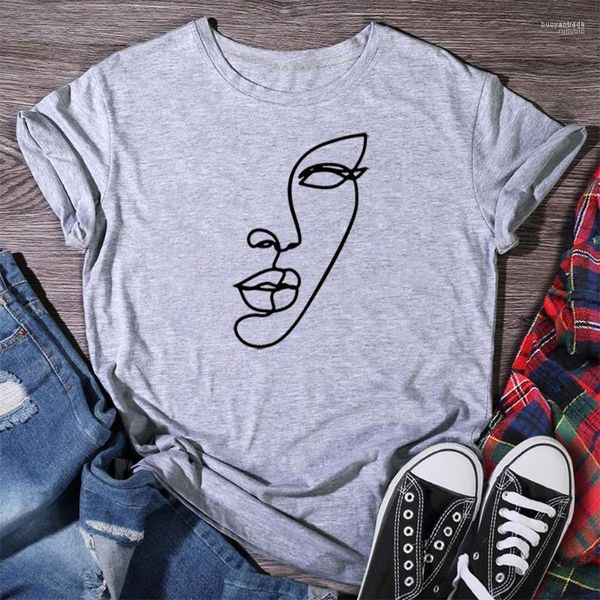 T-shirt da donna Figura stilizzata Stampa laterale del viso Donna Estate Cotone Abbigliamento casual Girocollo T-shirt da donna allentata coreana Kawaii