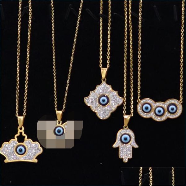 Anhänger Halsketten Türkisch Blau Böse Augen Halsketten Frauen Titan Stahl Krone Schlüssel Blume Tier Herz Iced Out Anhänger Schmuck Mode Dhl8R