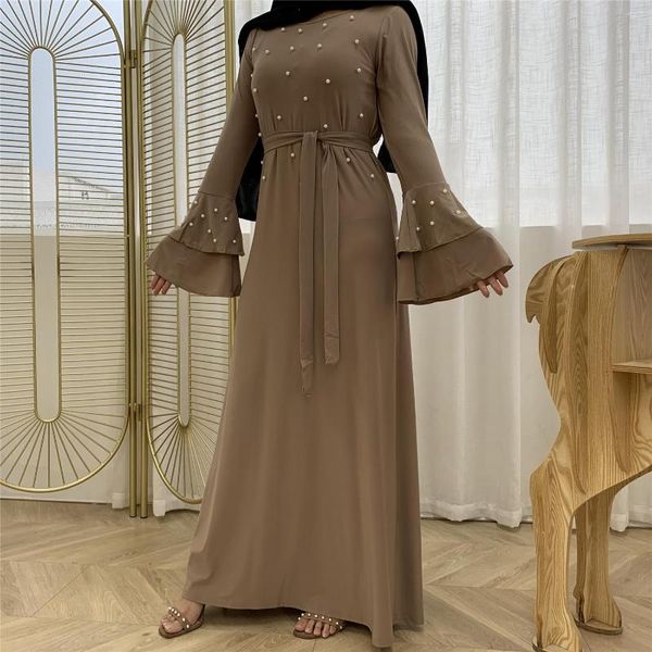 Etnik Giyim Donsignnet Müslüman Elbise Moda Orta Doğu Eid Duabi Abaya Türkiye Robe Çok tabakalı trompet kol boncuklu kemer ince