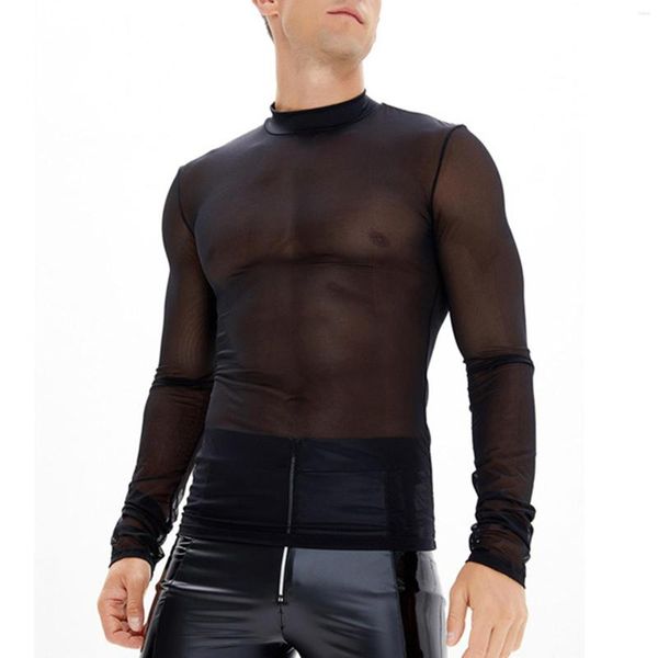 Camisetas masculinas #S-XXXL Camiseta masculina de malha transparente manga comprida com decote falso tops transparentes para boate bar fantasia de pole dance