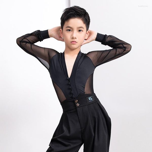 Bühnenkleidung Mode Latin Dance Kostüme für Jungen Schwarz Langarm Shirts Body Ballsaal Tanzen Kleidung Wettbewerb Kleid DN7115