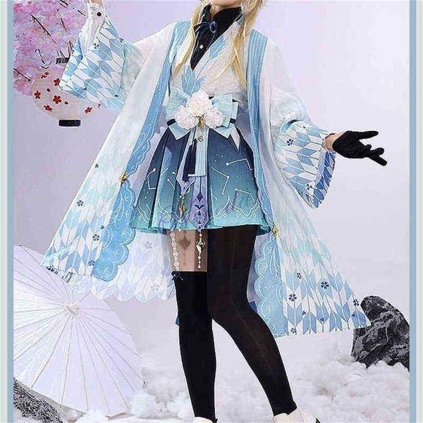 Costumi anime Gioco Genshin Impact Lumine Doujin Cosplay Cold Taisho Lolita Kimono Dress Donna Halloween Traveller Lumine Cosplay Cold J220915