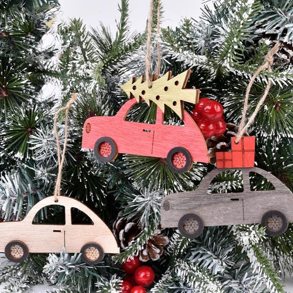 Weihnachtsdekorationen 1/5 Stück für Haus 2023 Jahr Weihnachtsbaum Dekor Anhänger Holz bemalt Auto kreativ