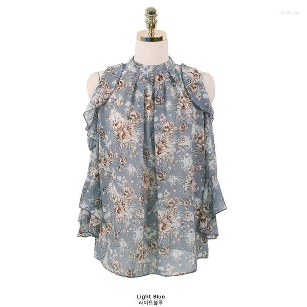 Blusas femininas feminino sentindo-se babado fora do ombro pendurado pescoço camisa de chiffon de verão feminino coreano design nicho de meio mangas floral top