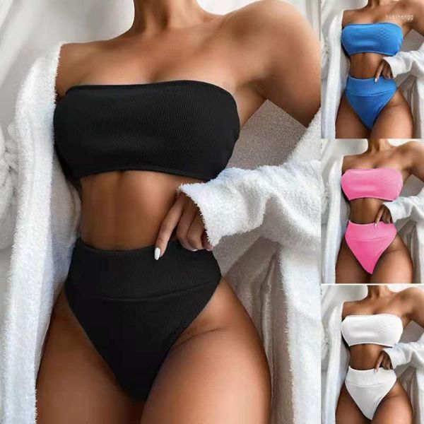 Damenbadebekleidung Damen Schwarz Weiß Hohe Taille Bikinis Weiblicher String Biquini Mode Badeanzug Frauen Strandkleidung Schwimmen Bandeau Push Up