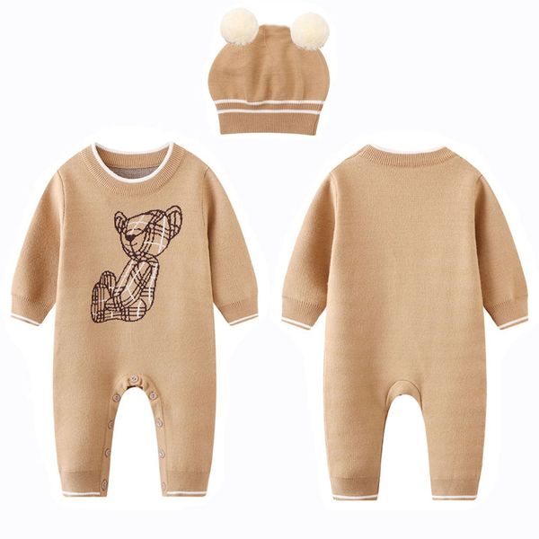 Baby Warm Rompers Designer Little Bear Children Abbigliamento Cappello da maglione per bambini Set a due pezzi Boy Girl Meso Autumn e inverno a manica lunga un pezzo