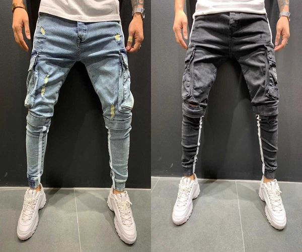 Erkekler Skinny Jeans yan şerit kalem pantolon hip-hop bisikletçisi denim çoklu cepler spor pantolon erkek jogging kargo pantolon s-3l siz x0621