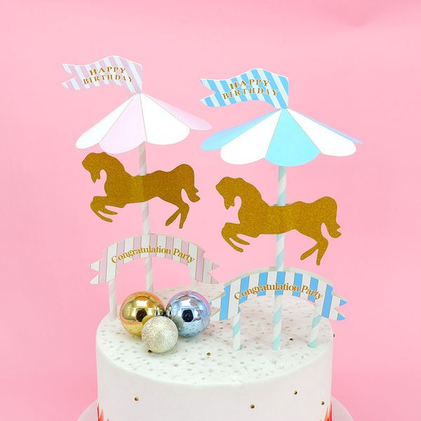 Merry Go Round Cake Tools Bandiere Buon compleanno Congratulazioni Stand per feste Carta fatta a mano Forniture per baby shower Rosa Blu RRA102