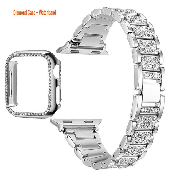 Substituição de pulseira Ewelry Casos de faixas rosa -rosa Banda compatível Apple Watch Band 45mm 44mm 42mm 41mm 40mm 38mm Mulheres Reth Rhinestone Diamond Case para Iwatch Series 7 6 5 4