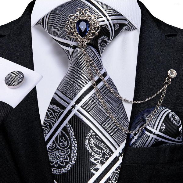 Laço amarra preto e prata Paisley floral para homens 8 cm de casamento comercial lenço de gravata