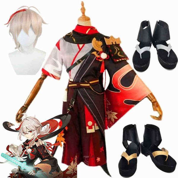 Costumi anime Gioco Genshin Impact Kaedehara Kazuha Cosplay Cold Kazuha Kimono Donna Uomo Halloween Carnival Suit Parrucca Scarpe J220915