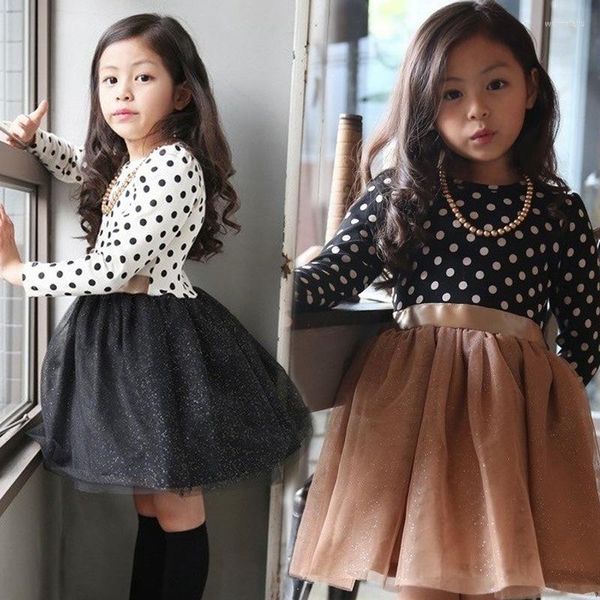 Vestidos de menina primavera outono de manga longa Dots Girls Princess Dress for Teenage Casual School 2-6 anos Roupas infantis