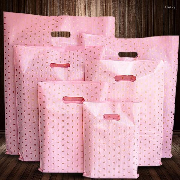 Confezioni regalo 50 sacchetti con manico in plastica a pois in oro rosa, confezione per abbigliamento con borsa per la spesa con manici