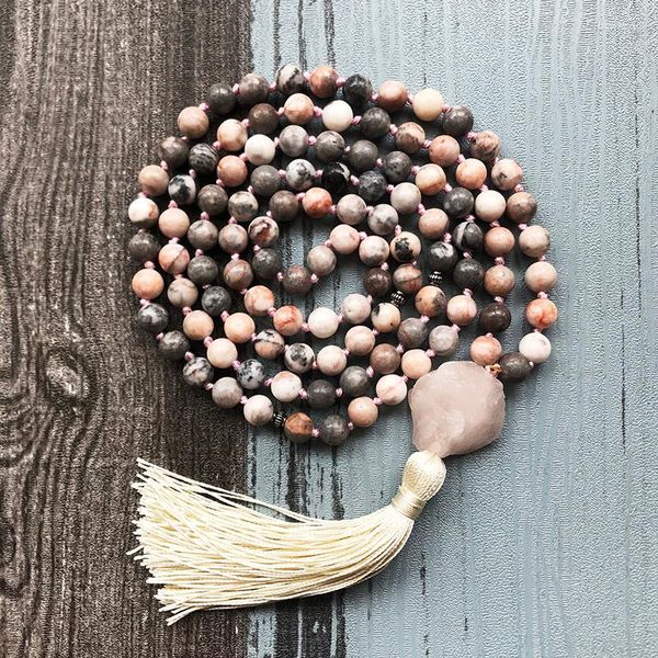 Pink Zebra Mala Necklace for Women with 108 wooden bead necklace, Knotted Tassel, and Raw Q-uartz for Healing and Yoga Jewelry