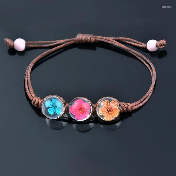 Link Bracelets Theeker Boho Glass Ball Три сушеных персиковых цветов для женщин кожаные актуальные пластины женские украшения 2022 SA1 LK2
