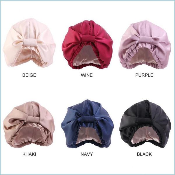 Feanie/crânio Caps Imitação Real Silk Bonnet Double Deck Protection Women Bathroom Bedroom Home Mobiliário de cor sólida Dhmvq