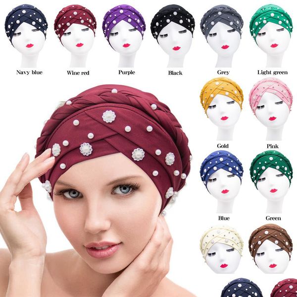 Gorro / Gorros de calavera Turbante musulmán Bufanda para la cabeza Perla Leche Trenzado Twistedbraid Sombreros Mujeres Moda Cosmetología Cuidado del cabello Decoración 9 Dhhba