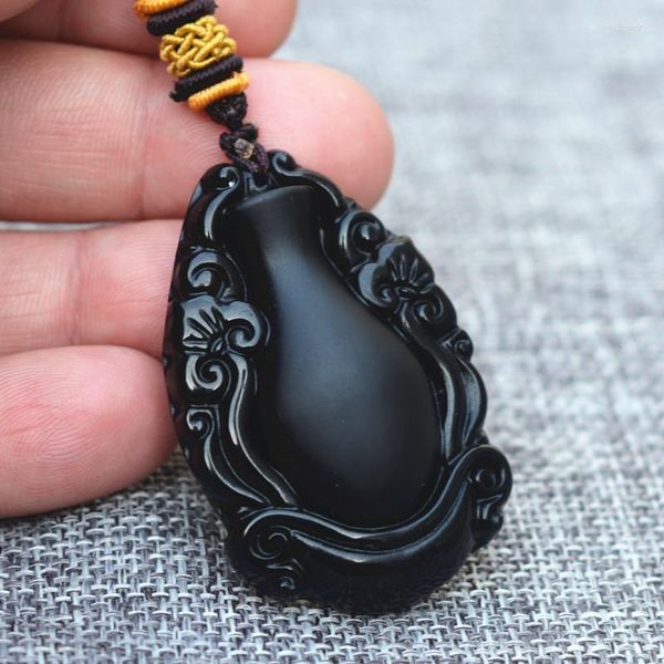 Anhänger Halsketten Natürliche schwarze Obsidian Stein Jade geschnitzte Ruyi Vase Halskette Geschenk für Frauen Modeschmuck