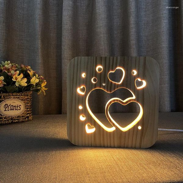 Luci notturne Romantica lampada da tavolo in legno a due cuori per San Valentino Stile nordico Legno Love USB Light Home Lovers Wedding Party