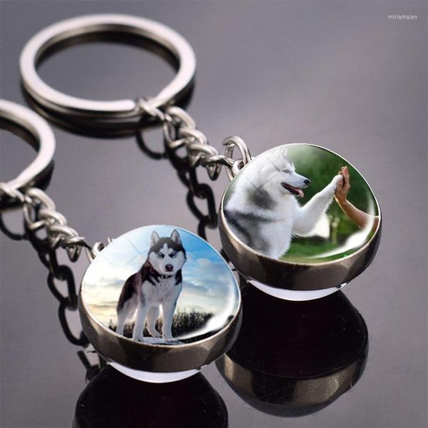 Chaves de chaves da cadeia de chaves de animais siberiano anel husky duplo lateral bola de vidro Keychain Keyring Animals Jewelry