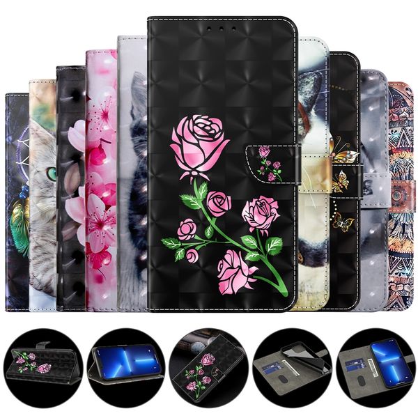 Модные 3D розовые кожи кожи кожи для Samsung S23 Plus Ultra A54 5G A14 A04S Galaxy A23E A04 Huawei Honor 50 x8 4G цветок Sakura Butterfly Dog Cart Card Card Copp