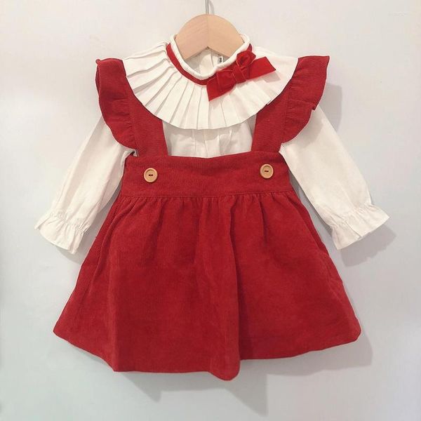 Conjuntos de roupas 3pcs 1-5 anos Autumn Children Boutique Boutique Espanhol Meninas Eid Red Dress Slave Longa Camisa de algodão Princesa Terno de aniversário