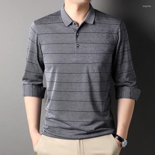 Magliette da uomo Polo in cotone moda per uomo Manica lunga a righe Abbigliamento autunnale e primaverile Business Casual Top coreani maschili