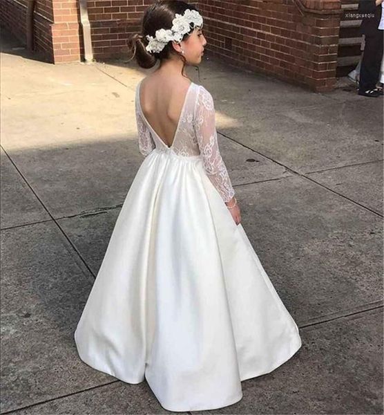 Vestidos de menina Flor branca de mangas compridas com v traslado de costas para festa de casamento de noiva Festa formal de festas