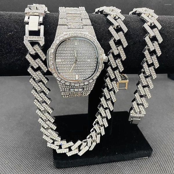 Ketten 3PCS Hip Hop Schmuck für Männer Iced Out Uhr Halsketten Armband Bling Diamant Cubana Choker Gold Damen Set Großhandel Bulk