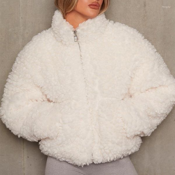 Cardigan da donna in pelliccia alla moda con cerniera in peluche, giacca corta in lana d'agnello, primavera e autunno, elegante colletto alla coreana, bianco