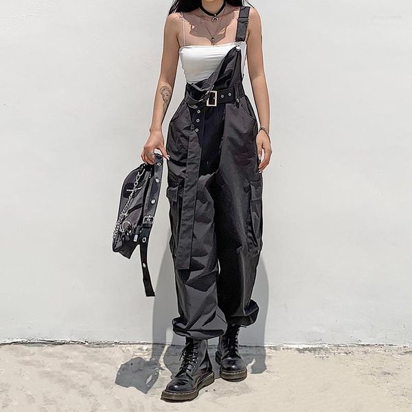 Damen-Overalls, lässige Taschen, lockere Fracht, lange Overall-Hosen, Frauen, Harajuku, ärmellose Schärpen, insgesamt, solider Body, Damen-Streetwear