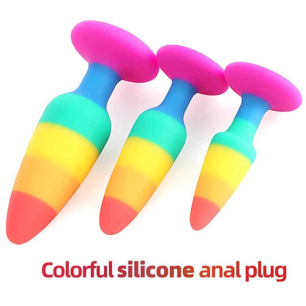 Articoli di bellezza Arcobaleno Plug anale in silicone 3 dimensioni Dildo indossabile multicolore con forte ventosa Giocattoli sexy Coppie gay