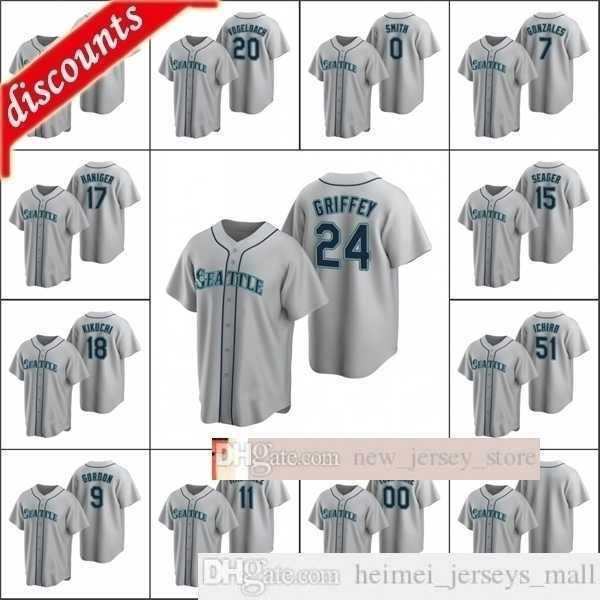 2021 camisas de beisebol Men #24 Ken Griffey 51 Ichiro Suzuki 17 Emerson Hancock 18 Kikuchi Smith personalizada mulher jovem garoto cinza rodoviário costurado