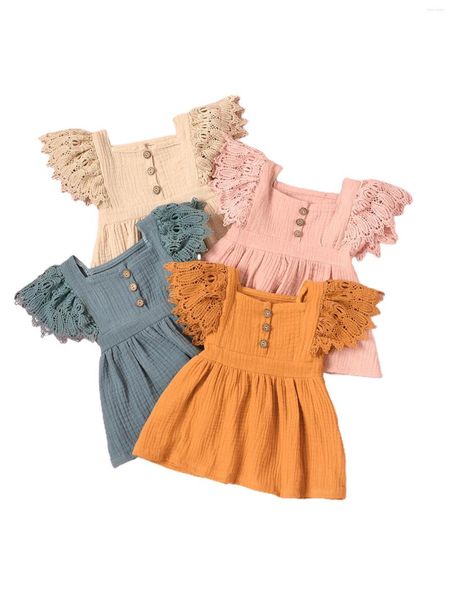 Mädchenkleider, lässiges Kleid für Babys, einfarbig, kurze Ärmel, quadratischer Ausschnitt, einteilig, Mandarinengelb/Grau, Blau/Rosa/Aprikose