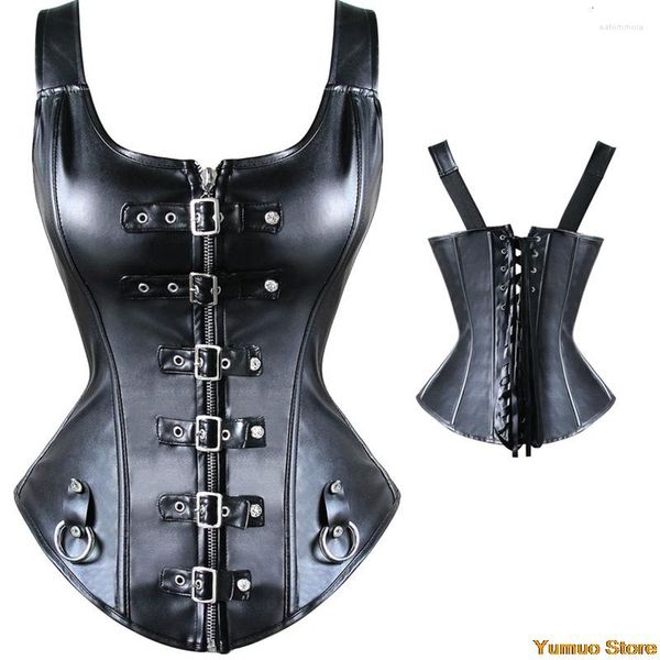 Cinture Corsetto in ecopelle Top Tracolla Corsetto Cerniera nera Bustier con fibbia Gilet da allenamento Overbust Donna Steampunk