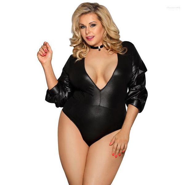 Macacões femininos pescoço corpão sexy de plus size clubes para mulheres pretas bodycon faux couro gótico combinaison femme rw80605