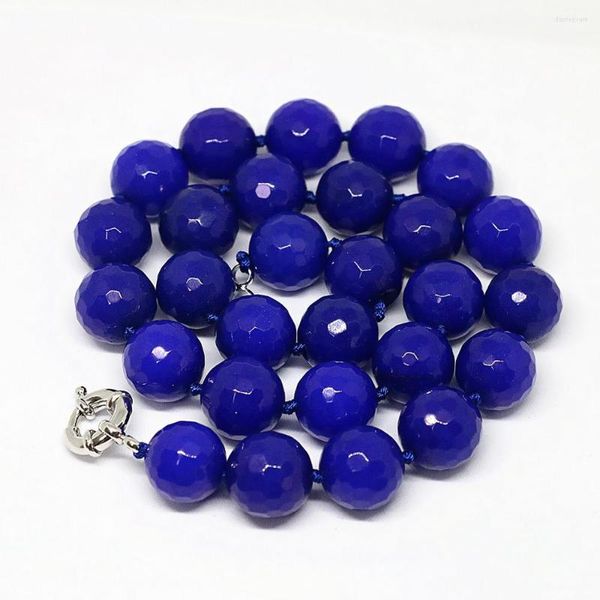 Correntes de cadeias azuis lapis azuis lazuli jades calcedony pedra facetada redonda de 14 mm de moda de moda belo colar jóias 18 polegadas B1504