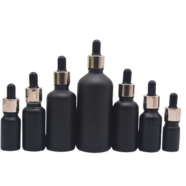 Vuoto bottiglia di vetro nero smerigliato riutilizzabile cosmetico collare in oro rosa pipetta di gomma superiore nera rosa contenitore di imballaggio portatile 5ml 10ml 15ml 20ml 30ml 50ml 100ml