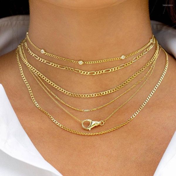CHOKER 925 Серебряное серебро многослойное сексное ожерелье для женщин Классическая 2 -мм кубинская цепь 41 5см золото.