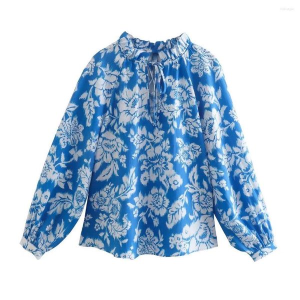Suéteres femininos azuis marítimos impressão floral solta primavera verão feminina blusa de manga comprida decote de decote com decote em V amarrado 2022