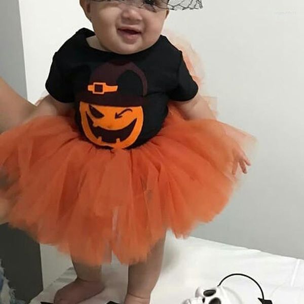 Abiti da ragazza 0-24M Halloween Baby Pumpkin Pattern Manica corta Abito nero Mesh Patchwork Costume festivo Puffy Party