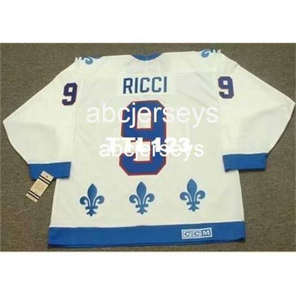 #9 Mike Ricci Quebec Nordiques 1994 CCM Vintage Home Hockey Jersey Stick eine Namensnummer