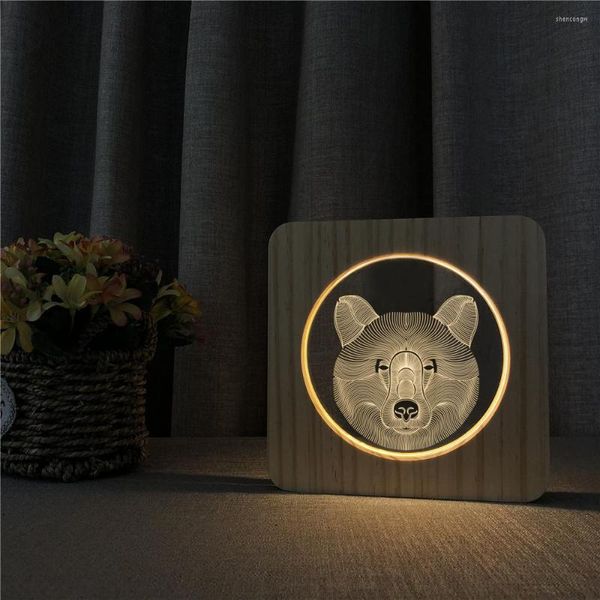 Luci notturne Wolf Animal3D Lampada a LED in legno Lampada da tavolo Interruttore di controllo Intaglio per la decorazione della stanza dei bambini Goccia