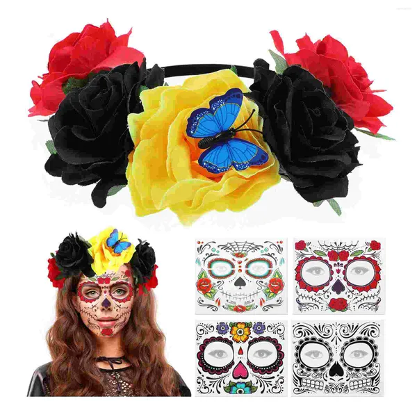 Bandane Frcolor Rose Flower Headband Costume Fascia per capelli floreale per feste con adesivi per tatuaggi sul viso