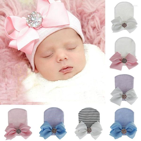 Cappelli Born Baby Cute Beanie Hat Soft Warm Knitted Diamond Bowknot Stripe Toddler Shiny Girl Caps