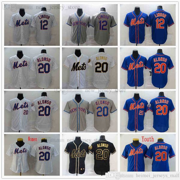 2021 Noticias Béisbol 20 Pete Alonso Jerseys cosidos 12 Francisco Lindor Gray Road White Home Royal Alternate Visitante Tercero Hombres Mujeres Jóvenes Niños