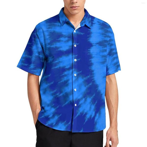 Camisas casuais masculinas Blue Swirl Tie Dye Beach Camisa meia -noite e Aqua vintage Hawaii Men Streetwear Bloups Tops Plus Size