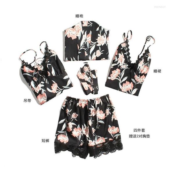 Indumenti da notte da donna Sexy Black Home Wear M-XL Pigiama da donna 5PC Strap Top Set di pantaloni Kimono Accappatoio Abito Accappatoio