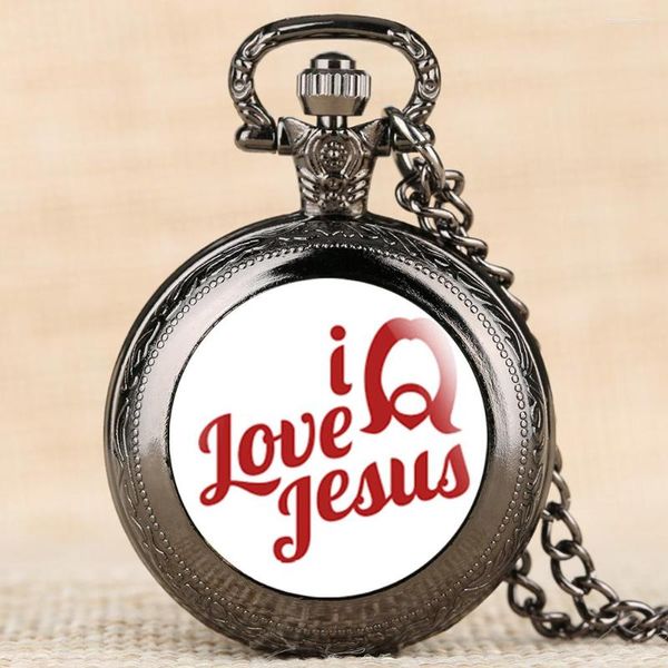 Orologi da tasca Retro I Love Jesus Series Orologio per uomo Donna Quarzo analogico Amico Ciondolo Catena a maglie per bambini