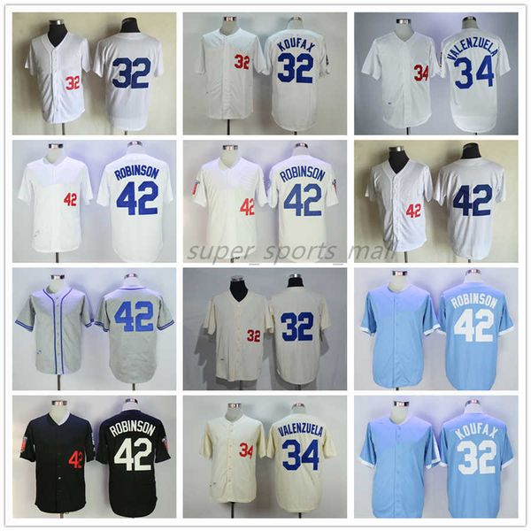 Camisa de beisebol vintage 42 Jackie Robinson 34 Fernando Valenzuela 32 Sandy Koufax 1955 Homens Mulheres Juventude